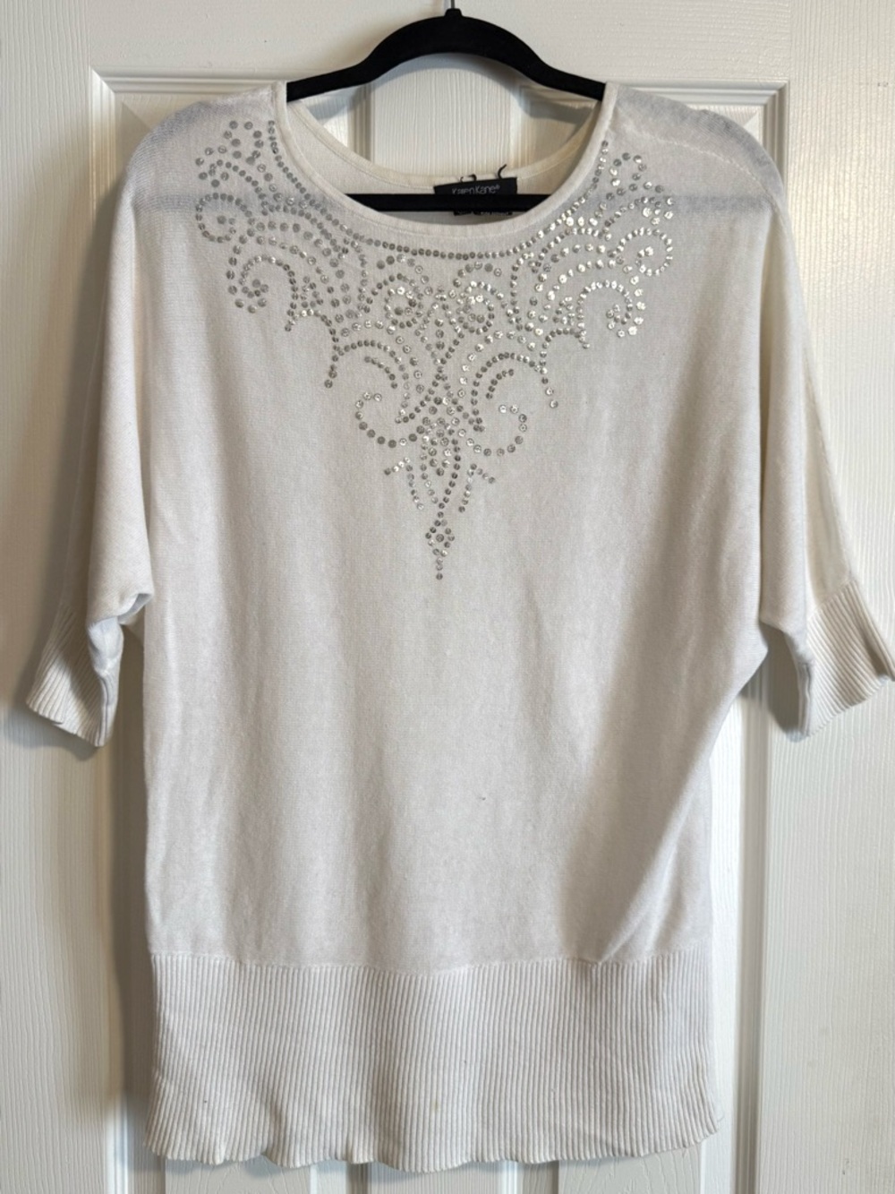 Karen Kane White Rhinestone-Embellished Scoop Neck Top